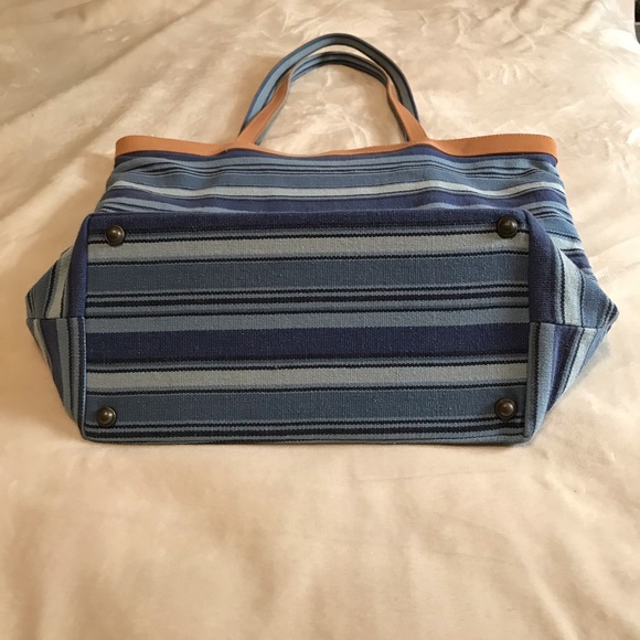 Blue stripe cotton zippered tote with leather trim - Picture 3 of 4